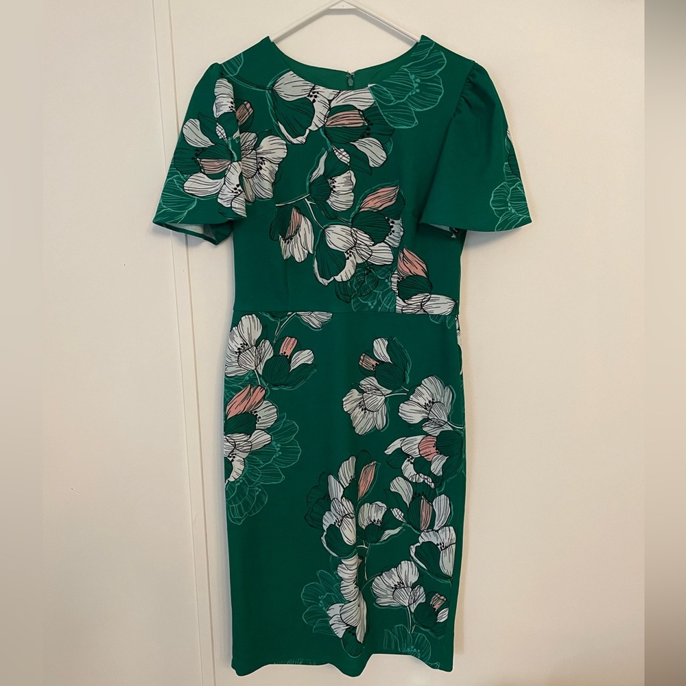 Liz Claiborne Green Floral Midi  Flutter Sleeve Pencil Dress Size 6
